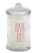 Rae Dunn Red Glass Jar Wooden Lid with 25 Spiral Hair Ties NEW