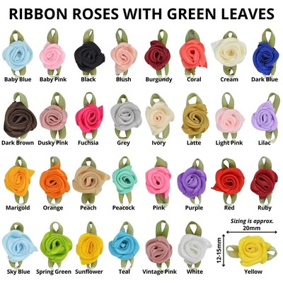 KLEINE MINI SATIN ROSENKNOSPEN BLUMEN 27 FARBEN GRÜNE BLÄTTER FÜR APPLIKATIONSHANDWERK