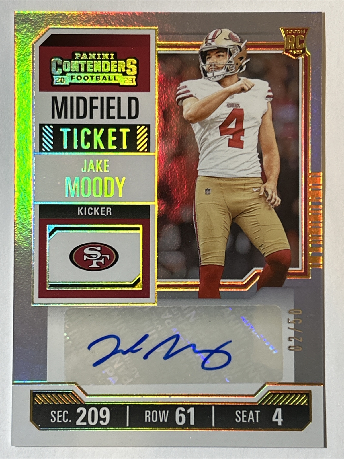 2023 Panini Contenders Midfield Ticket Rookie Auto, Jake Moody #ed 2/50, #200