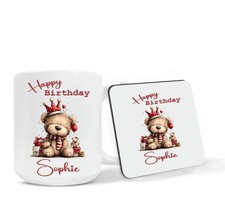 Personalised Birthday Gift Red Teddy Themed Mug, Coaster or Mug & Coaster Set