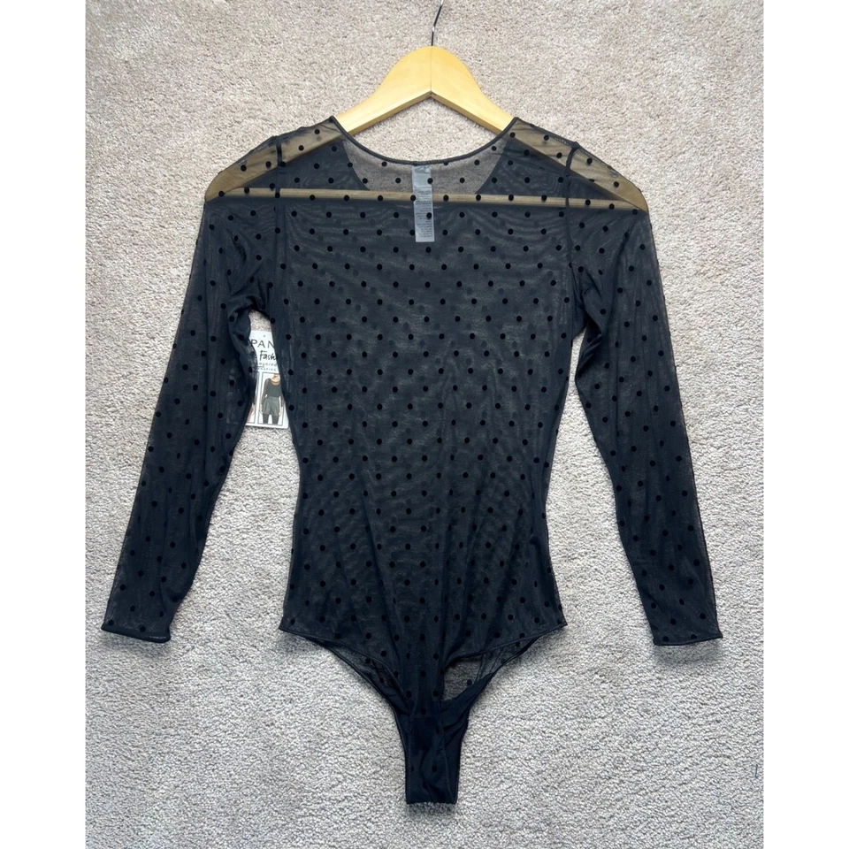 Spanx Black Mesh Bodysuit M NWT Flocked Dot Sheer Fashion Thong Long Sleeve - Image 4 of 4