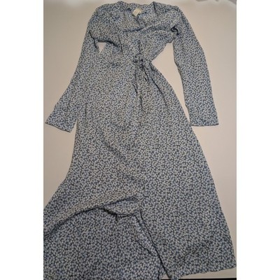 HM Blue Floral Wrap Midi Dress Long Sleeve V-Neck Daisy Print Womens XS