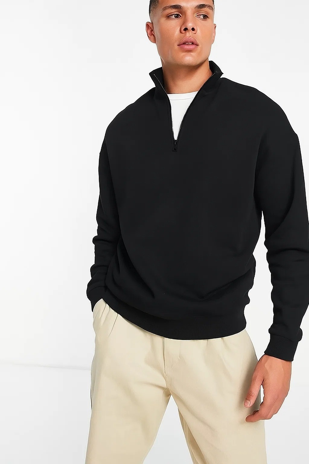 Sudadera Para Hombres Media Cremallera Lisa Negra Cremallera Sudadera Informal Polar Jersey