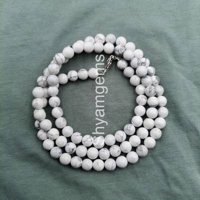 White Howlite Necklace 8mm Smooth Beads, Natural Marble Gemstone Choker, Minima