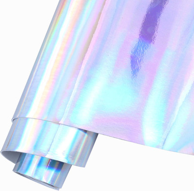 Glossy Rainbow Fabric Holographic Silver Vinyl Gradient,12'' X 53'' Faux Leather F
