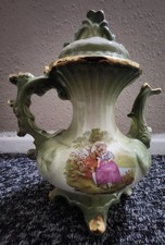 Vintage Staffordshire England Porcelain Teapot Ornate Romantic Scene Green Gold