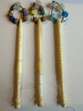 3 DELIGHTFUL ANTIQUE BONE LACE MAKING BOBBINS WITH SPANGLES (lot e)