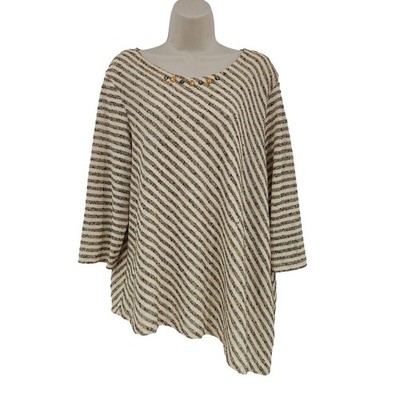 Coastal Grandma Sweater Women XL Beige Metallic Stripe Embellished Preppy Mom