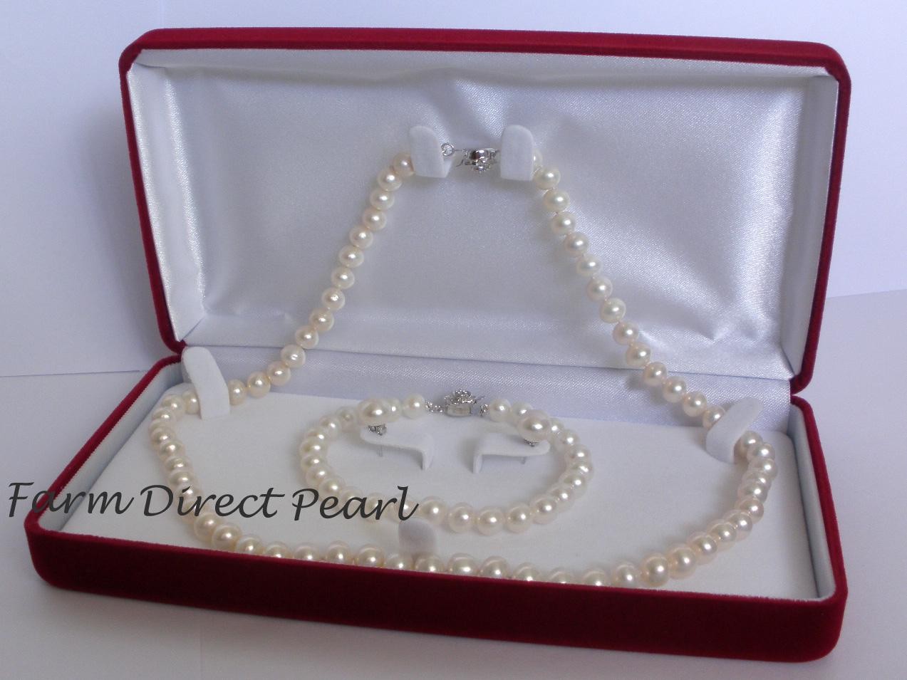 20" Inch Set 7-8mm White Pearl Necklace Bracelet Earring Freshwater
