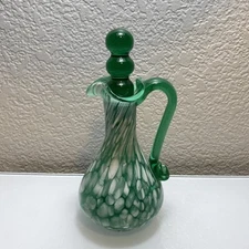 Rainbow Art Glass Cruet Green & White W/ Stopper 