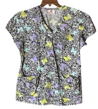 White Cross Scrub Top Women  s Small Butterflies  Flowers Cotton Blend