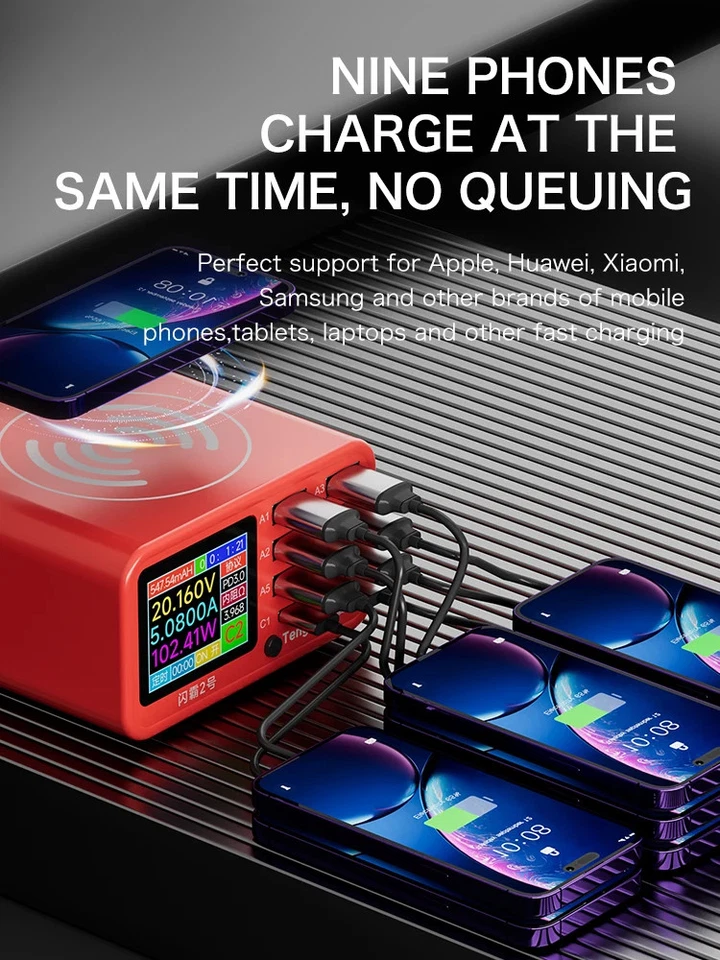 320W 8 Port USB Charger Station QC3.0 USB-C PD Wireless Fast Charging - Image 2 of 4