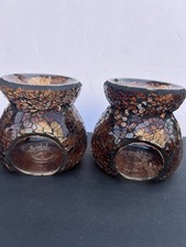 2 Mosaic Stained Glass Candle Holder Amber Copper Colored Art Glass 4 tall x4.5