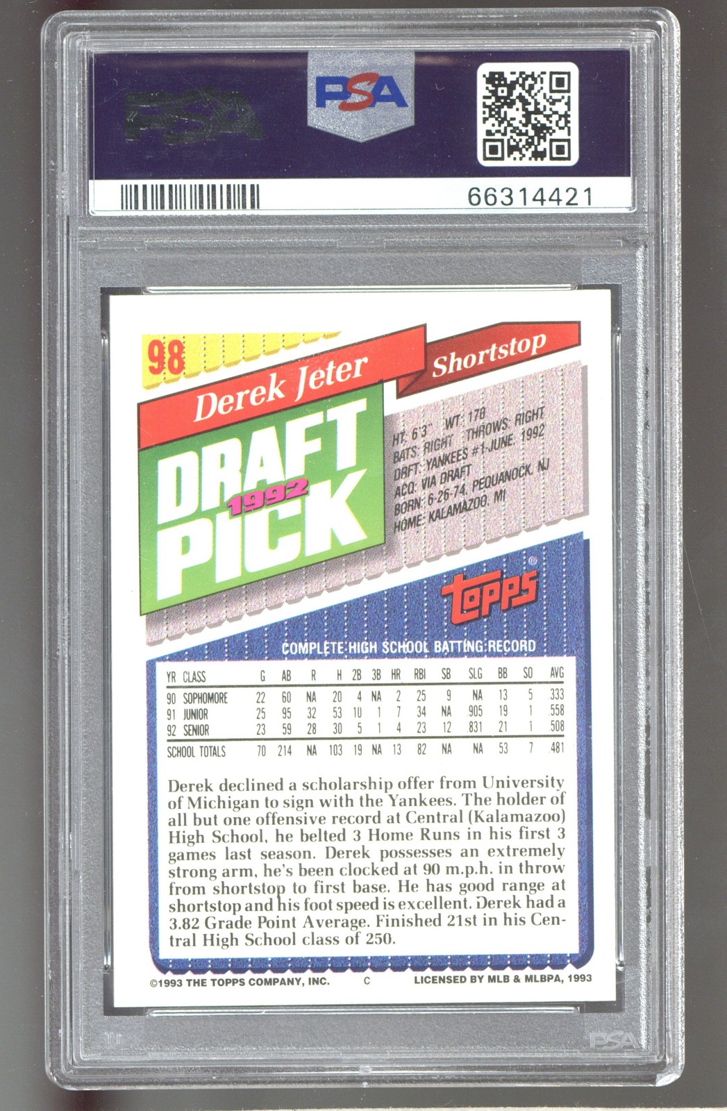1993 Topps #98 Derek Jeter PSA 9 ROOKIE RC view 2