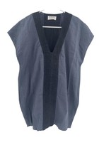 One Teaspoon Dress Womens XXS Navy Linen Blend Leather Trim Deep V Shift Mini