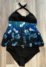 Women's Black Blue White Floral Halter Tankini Set Adjustable Straps XXL 2 Piece