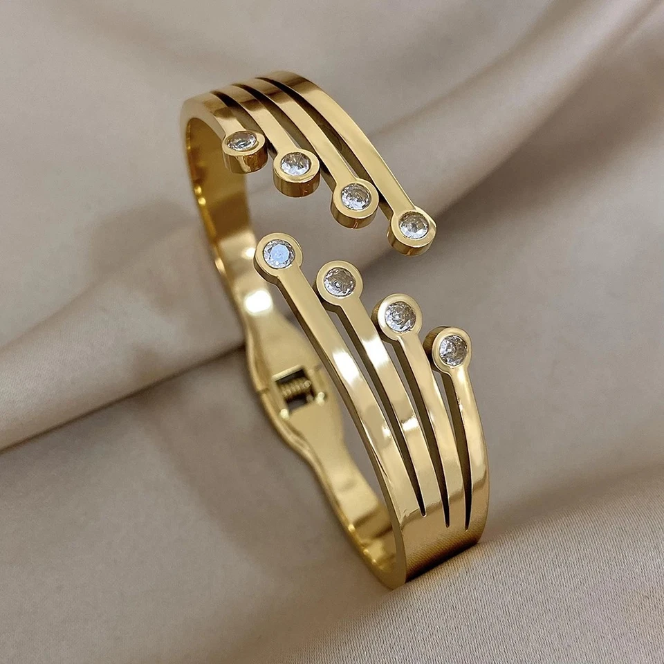 Damen Armband Edelstahl Gold Geometrisch Strass Chunky Charm Schmuck - Bild 2 von 4