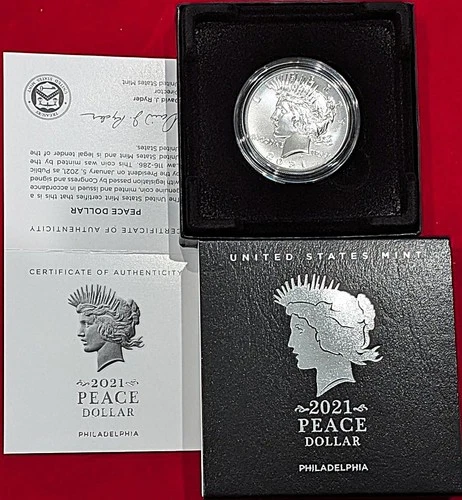 2021 PEACE SILVER DOLLAR FROM U.S. MINT WITH BOX & CERTIFICATE OF AUTHENTICITY