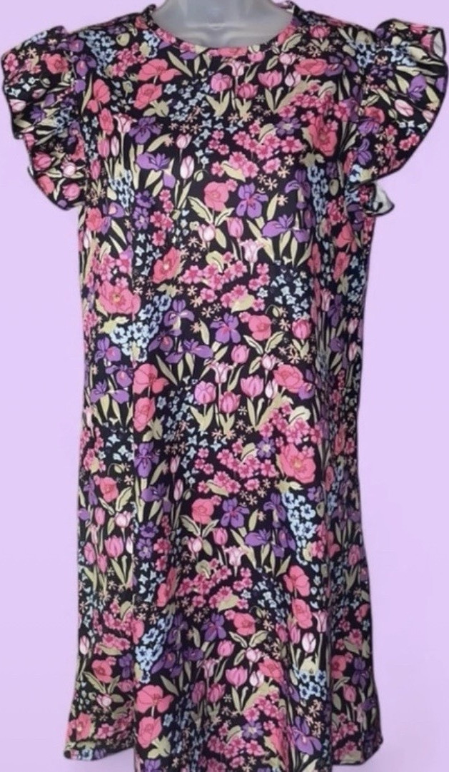 Women’s Floral Shift Knee-Length Dress M Black Pink Purple Blue Flutter Sleeve