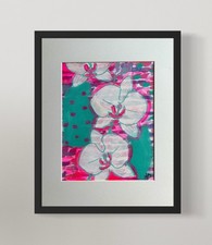 FLORAL ORIGINAL PAINTING MATTED 11x14 CANVAS BOARD 8x10 WHITE FLOWER PINK AQUA