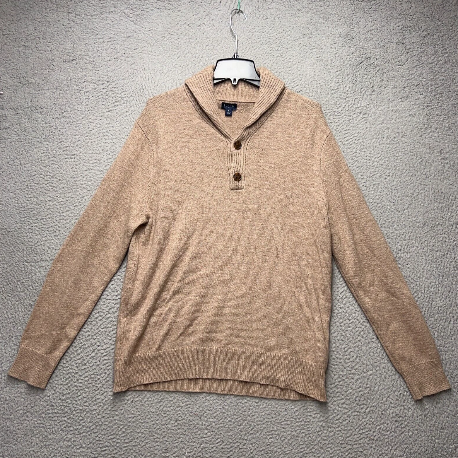 J Crew Sweater Mens Large Beige Wool Shawl Collar Pullover Casual Long Sleeve