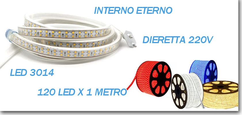 STRISCIA LED STRIP DOPPIO LED 5050 3014 INTERNO ESTERNO 220V BOBINA 1MT A 100 MT - Immagine 2 di 4