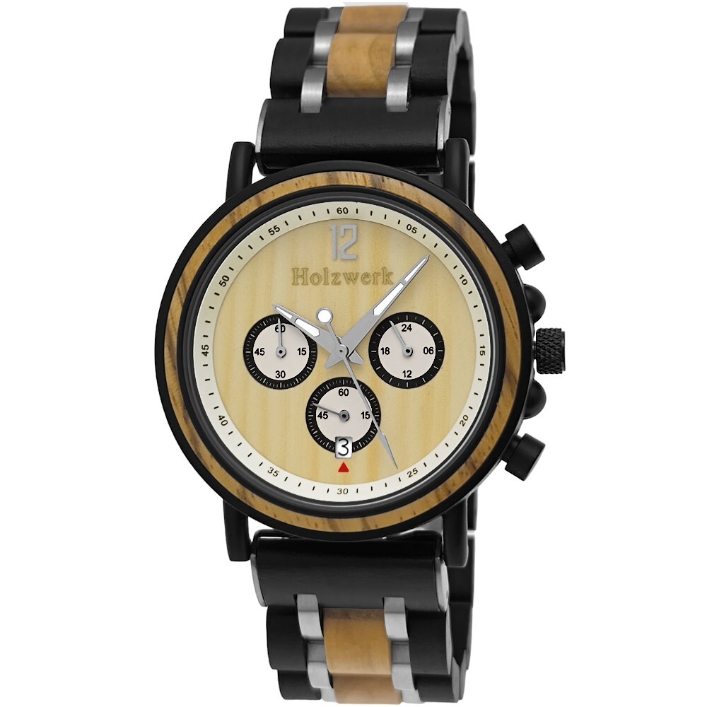 Holzwerk DETMOLD Herren Holz Uhr Chronograph mit Datum, schwarz