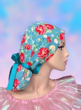 Ponytail Scrub Cap, Women Scrub Cap, Floral  Nurses Hat, Teal Ponytail Scrub Cap