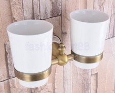 Antique Brass Wall Mounted Bathroom Toothbrush Holder Set Ceramic Cups fba580