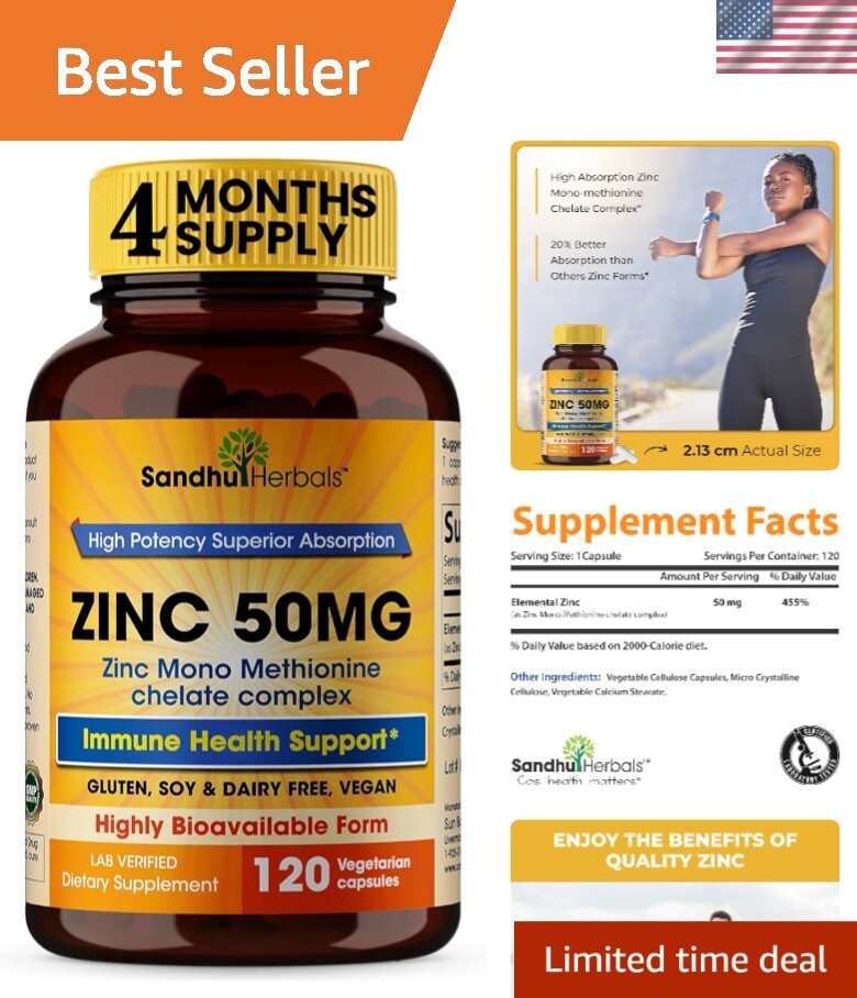 Zinc 50mg Vegetarian Capsules - Highly Absorbable, 120 Count for Immune Support
