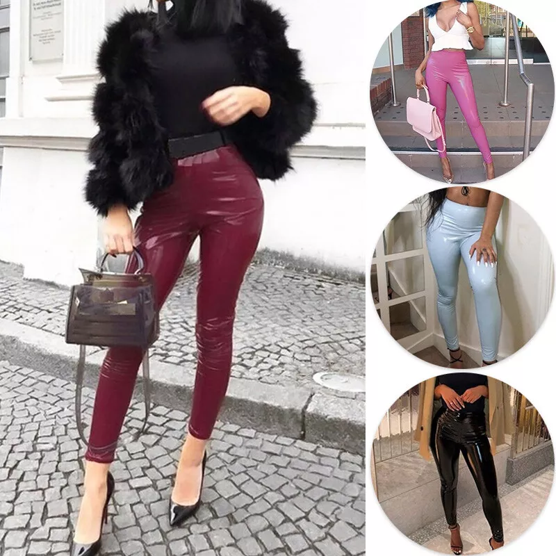 Women's Wet Look PU Leather High Waist Leggings Stretch Pant PVC Trousers  Wear