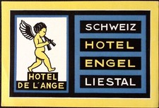 Schweiz Hotel Engle Liestal Hotel de L'Ange Vintage Luggage Label 3.25 x 5"