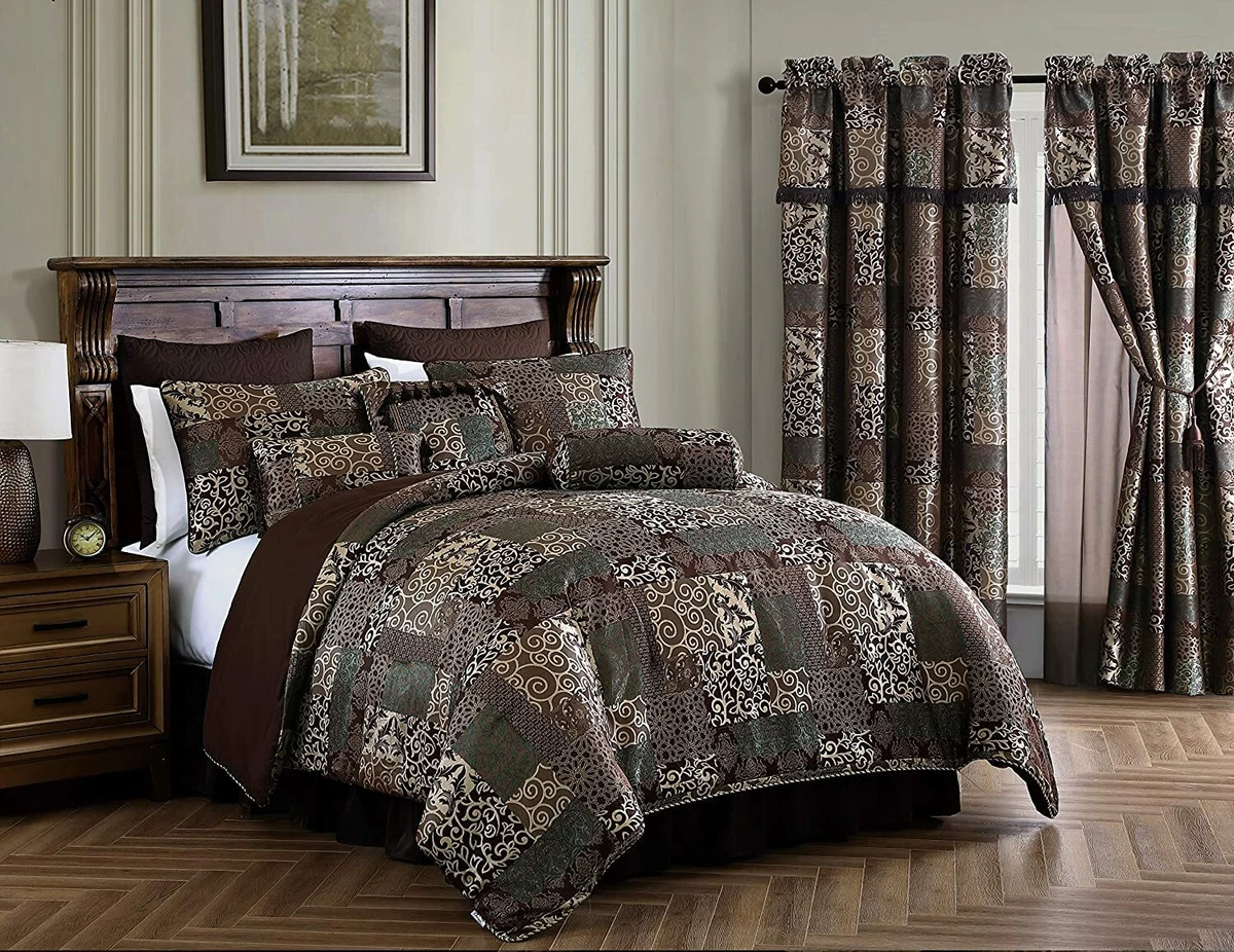 Brown Beige Teal Floral Patchwork 9 pc Comforter Set Full Queen