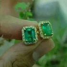 Natural Emerald 4.00Ct Emerald Cut Halo Stud Earrings 14K Yellow Gold Plated
