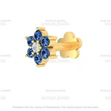 Real Diamond & Blue Sapphire Flower Nose Pin Lip Labret Piercing Ring Stud Screw