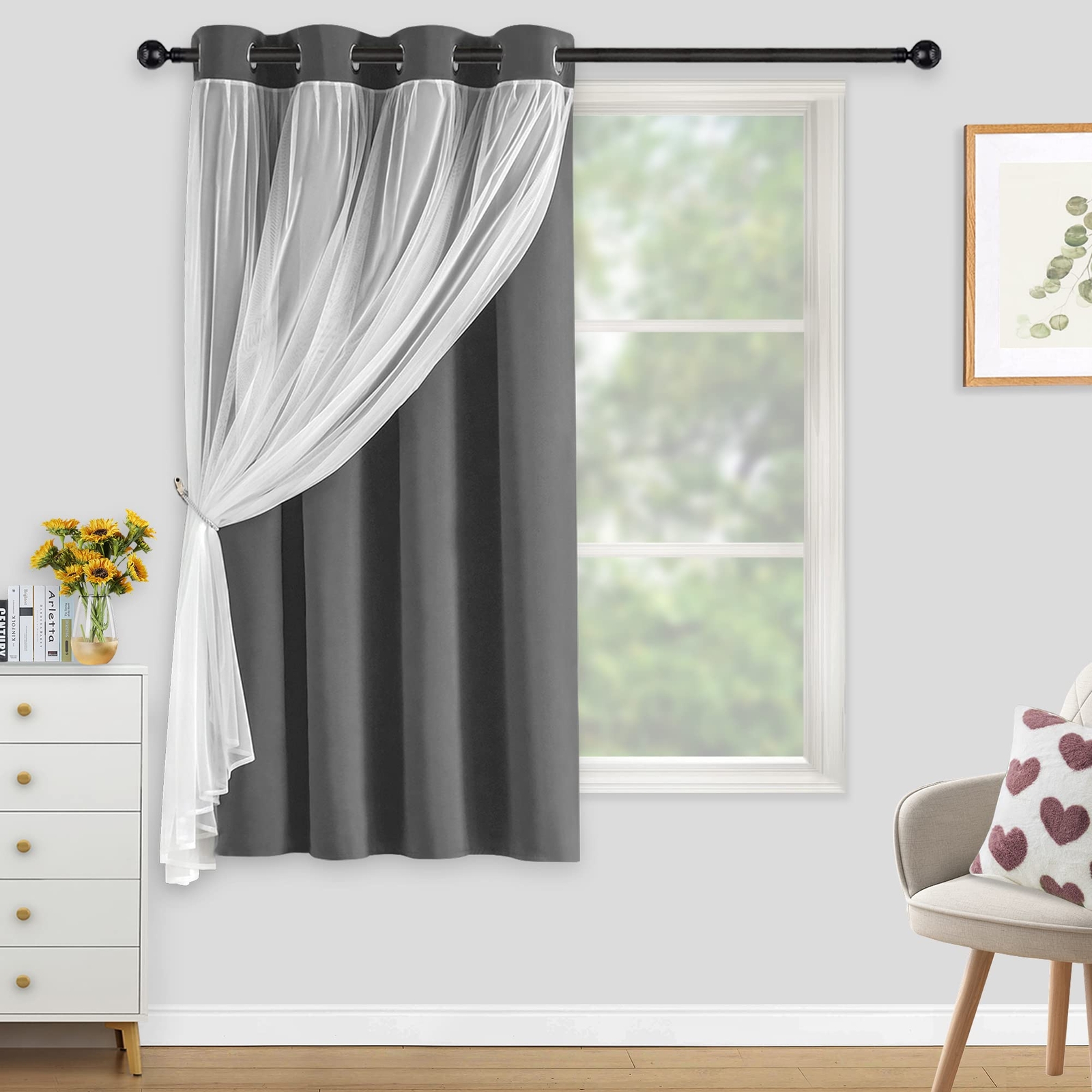 Room Darkening Curtains and Sheer Curtains Set for Bedroom, Dual Layers Gromm...