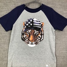 Tommy Bahama T Shirt Boys S 5 6 Gray Blue Tiger Patriotic Flag USA Raglan Sleeve