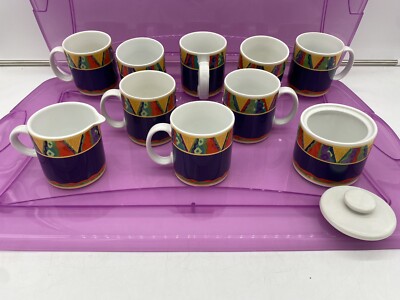 NOS Vintage Retro 1998 Oneida Coffee Set 8 cups mugs creamer & sugar bowl w/lid