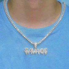 ICED OUT Tennis Necklace w/ SAVAGE Pendant 20in Hip Hop Rock Star Style Jewelry