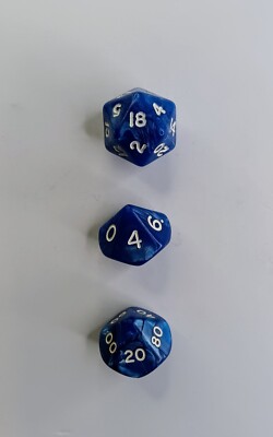 Set of 3 RPG DnD Dice Marbleized Blue/White d10 d% d20 Unknown Manufacturer