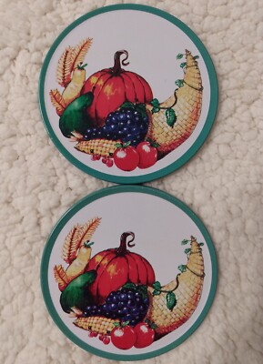 Set of 12 Thanksgiving Coasters Tin Metal Cork Backed Cornucopia Fall Harvest