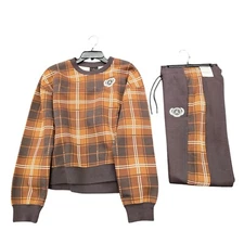  Jordan Women’s Brooklyn Plaid Fleece Crew Set Pants And Shirt Velvet Brown Med.