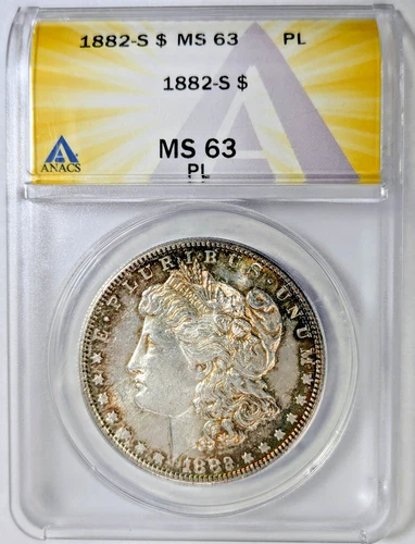 1882-S Morgan Silver Dollar ANACS MS 63 PL Prooflike Toned Coin Brown Toning