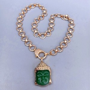 Authentic 20" Green Jade Carved Buddha Head Pendant Gold Plated Chain Necklace