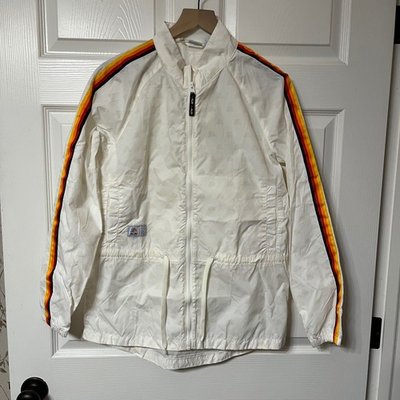 #ad ALDI GEAR White All Over Logo Windbreaker Jacket Rainbow Stripe Sleeve Size S $20.00