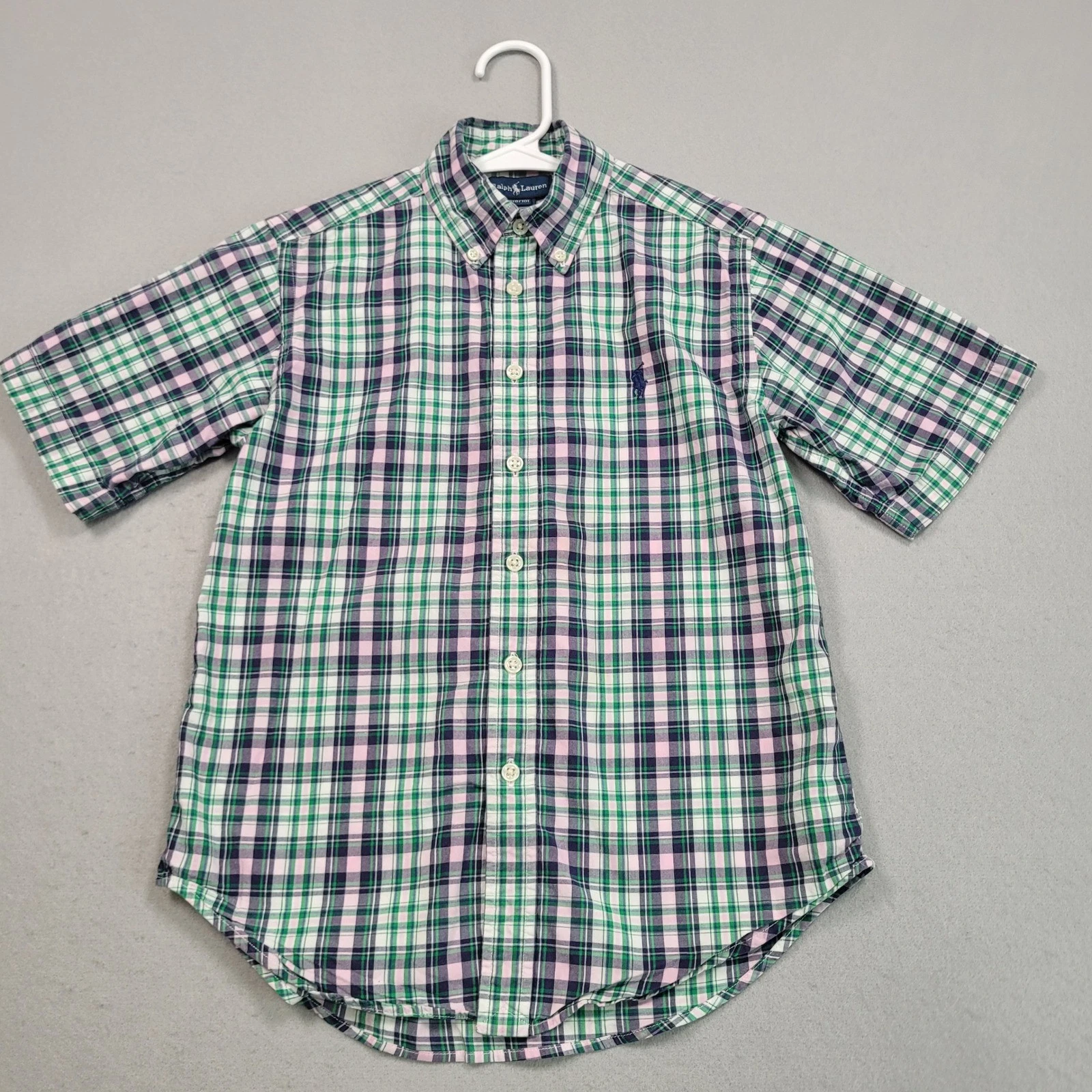 Ralph Lauren Boys S 8/10 Green Pink Plaid Short Sleeve Button Down Shirt