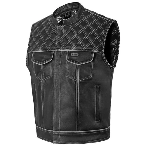 Men's Black Leather Vest Diamond Motorbike Motorcycle Concealed Waistcoat White