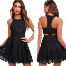 Lulus Black Lace Cut-Out Racerback Pleated Daisy Date A-Line Mini Dress- Small