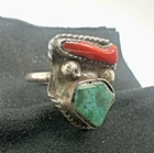 Vintage Navajo Old Pawn Sterling Silver Turquoise & Coral Ring - Sz. 7.75
