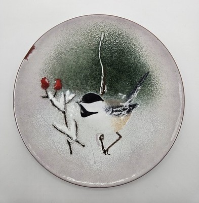 Vintage Norman Brumm 6'' Enamel on Copper Plate Chickadee Red Berries Signed